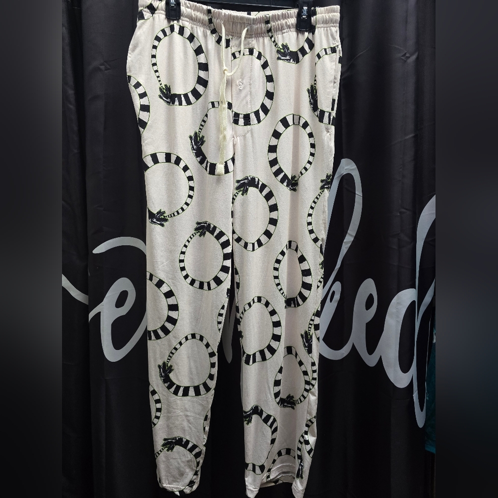 White Pants with Black and Green Snake Print